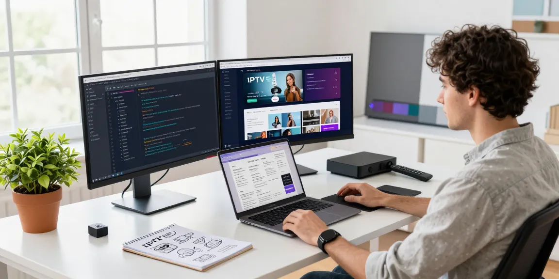 Desenvolvedor de IPTV analisando dados e interface de usuário em um moderno espaço de trabalho.