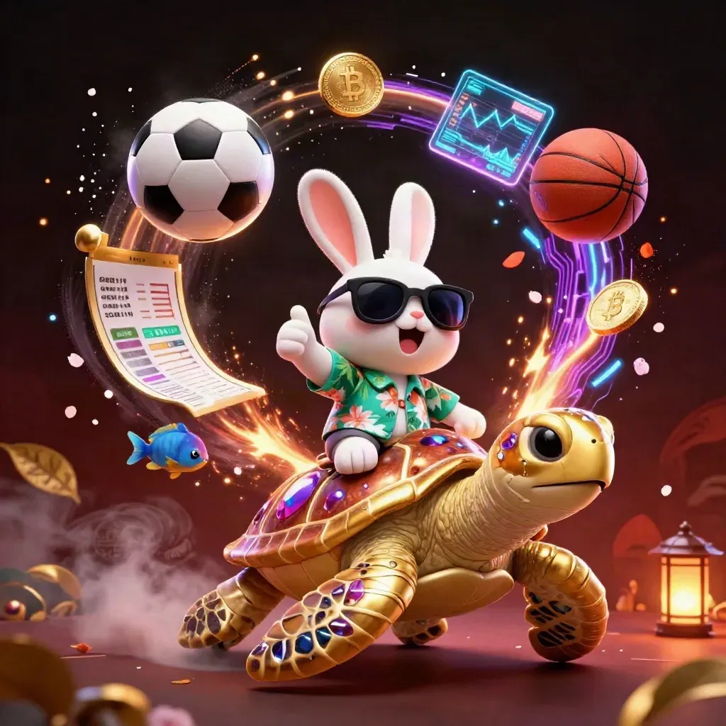Coelho 3D dourado em tartaruga, com bola, moedas e efeitos neon em clima de cassino esportivo.