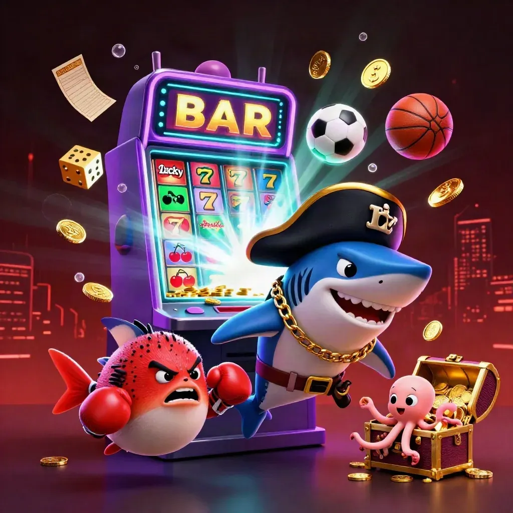 Tubarão pirata, baiacu e polvo jogam moedas entre slot, bolas e luzes neon.