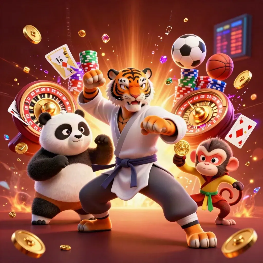 Tigre mestre, panda e macaco em cena vibrante com moedas, fichas e bola de futebol