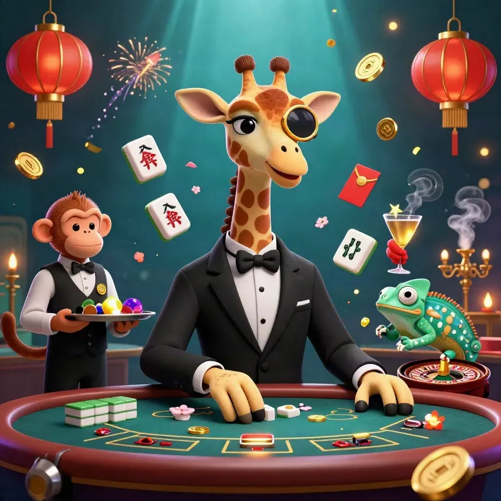 Girafa, macaco e camaleão em mesa VIP com luz dourada e clima luxuoso de cassino.