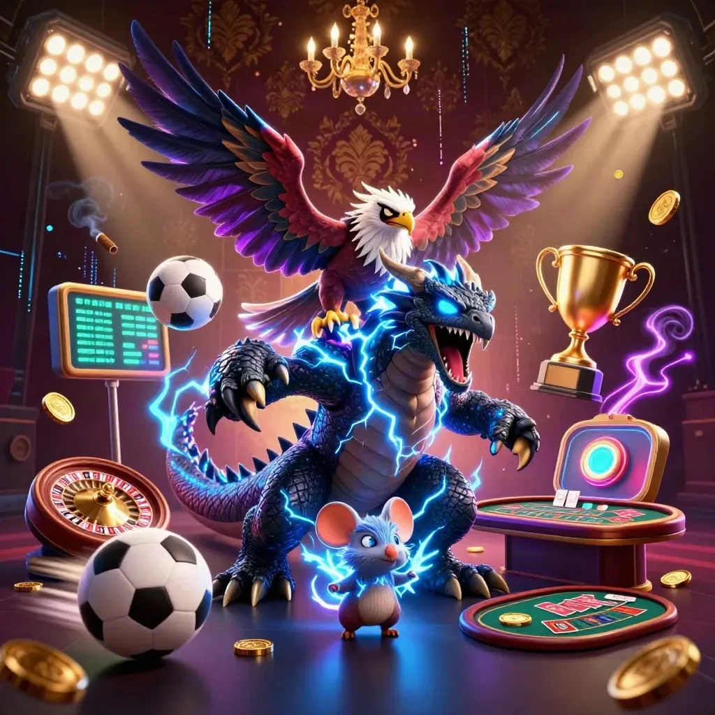 Dragão relâmpago, falcão e ratinho em cassino luxuoso com roleta, cartas e moedas douradas.