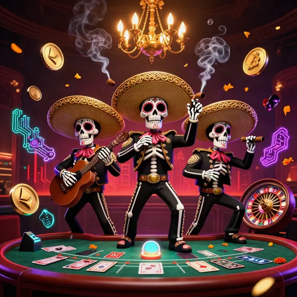 Trio de esqueletos mariachi, roleta, moedas digitais e luz neon em cassino luxuoso.