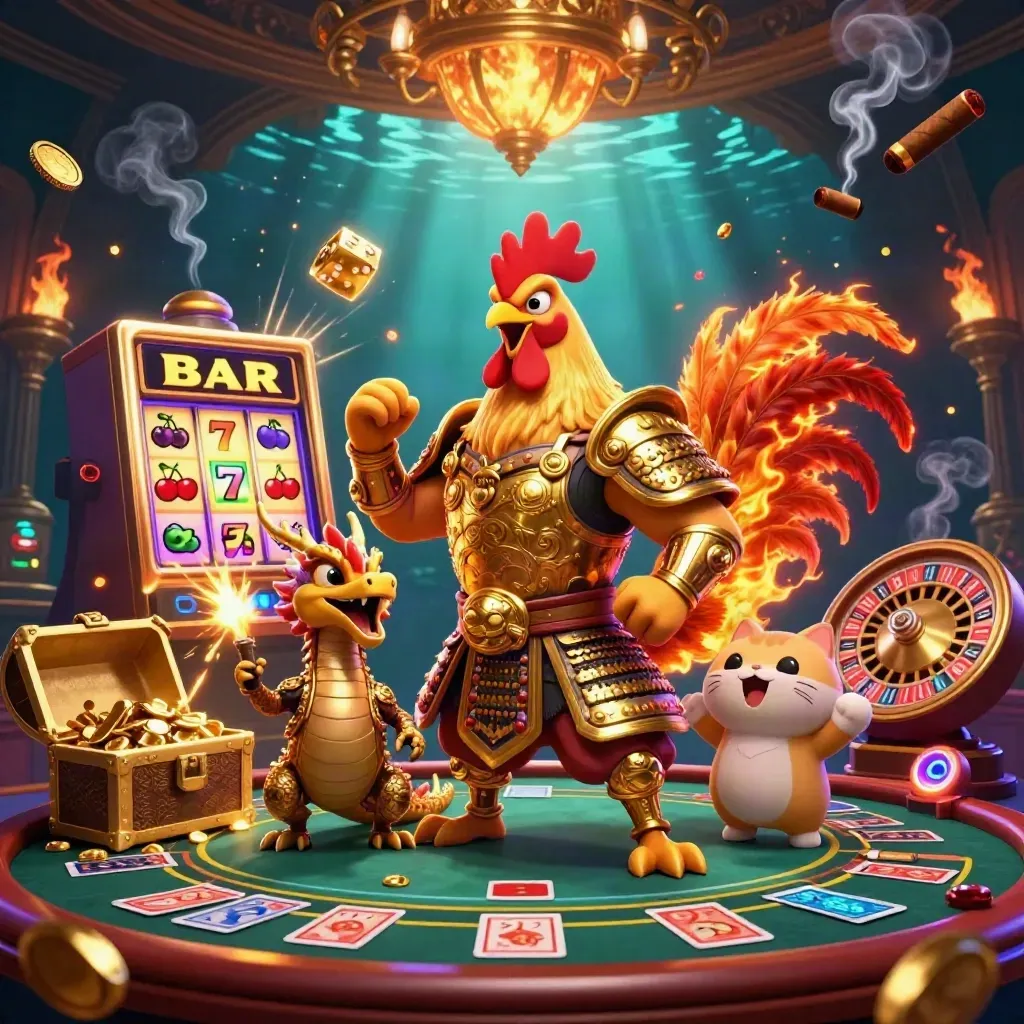 Galo samurai dourado, dragão e gato da sorte em cena luxuosa de cassino.