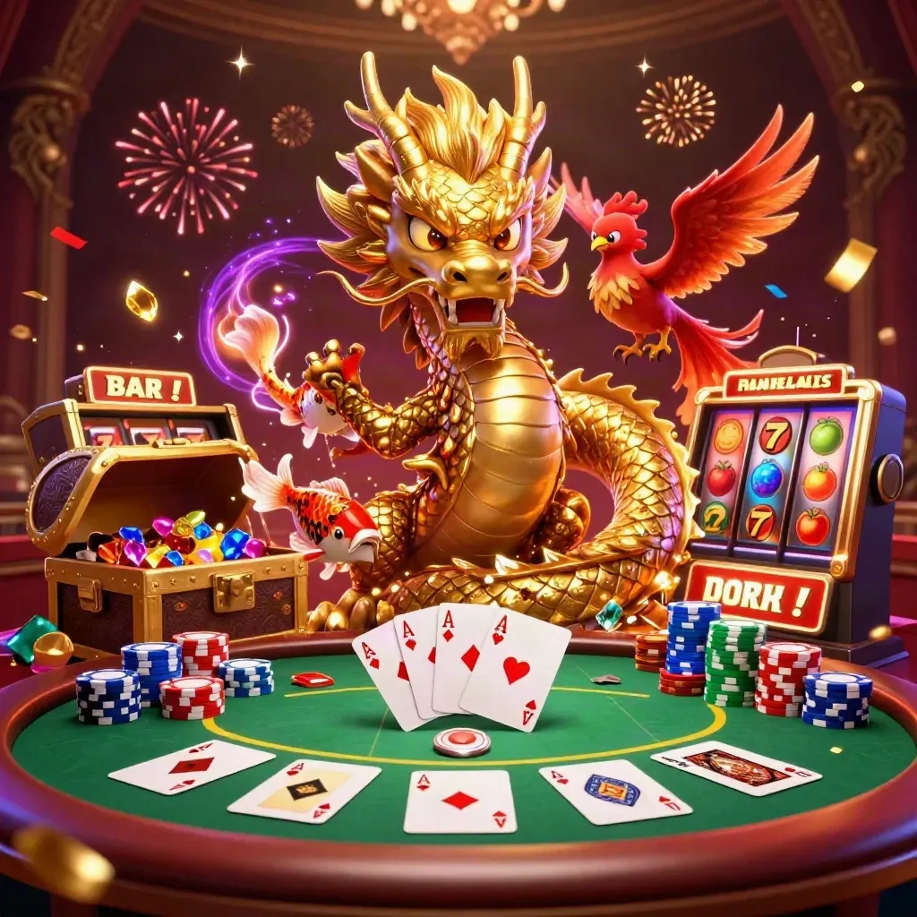 Dragão dourado com fênix, koi e cartas explodindo em cena luxuosa de cassino.