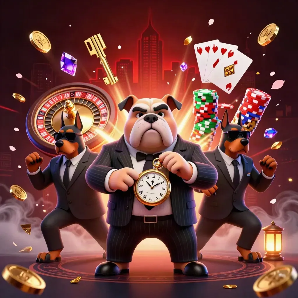 Bulldog mafioso e dois dobermans cercados por moedas, dados, roleta e luz neon roxa.