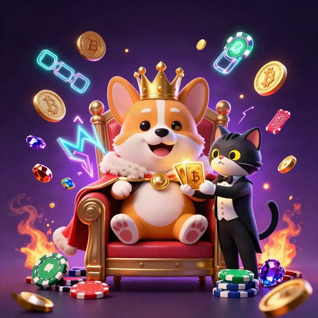 Corgi coroado e gato mordomo em trono de fichas, com moedas e luzes neon roxas.