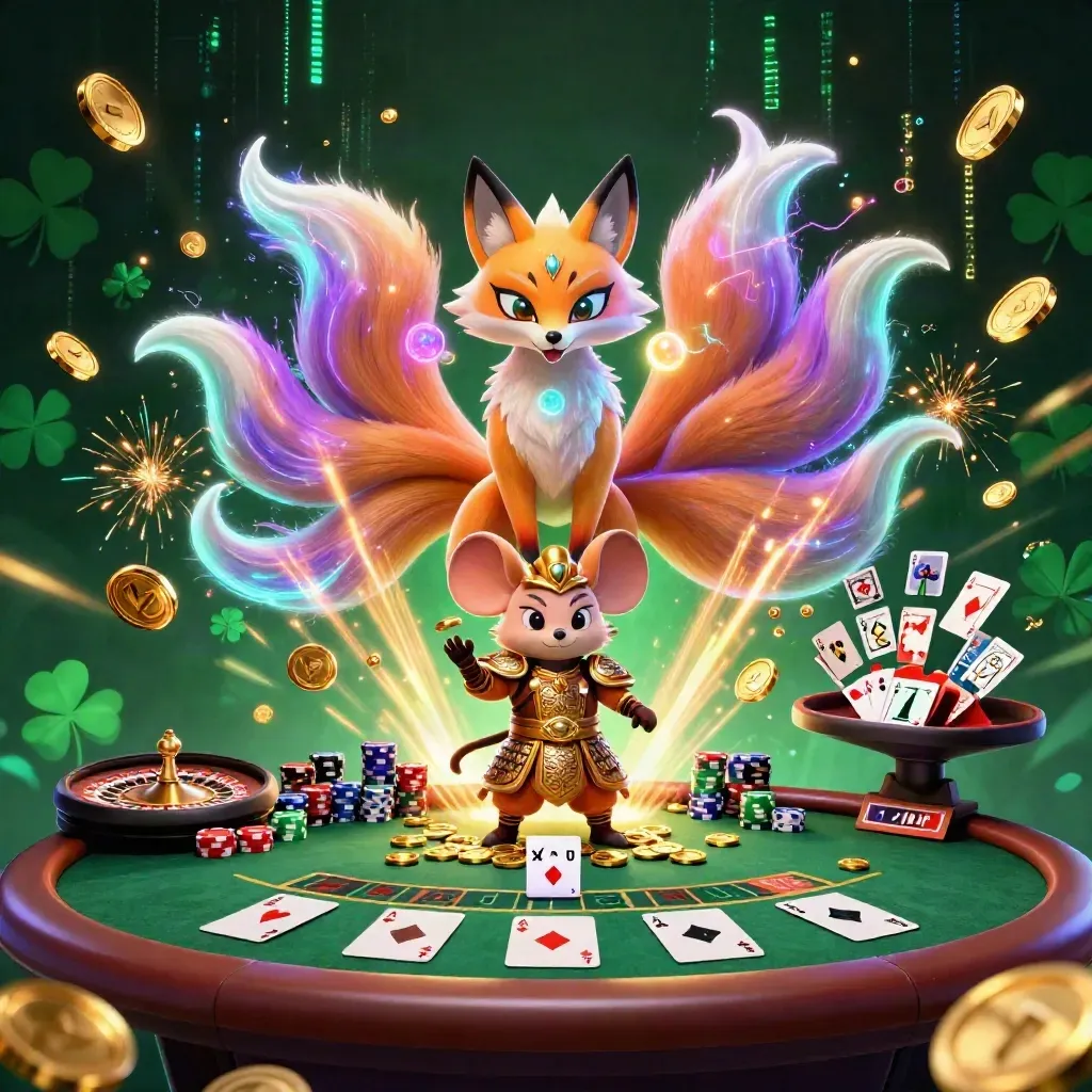 Raposa de nove caudas e rato samurai em armadura dourada cercados por fichas, cartas e moedas em festa luxuosa.