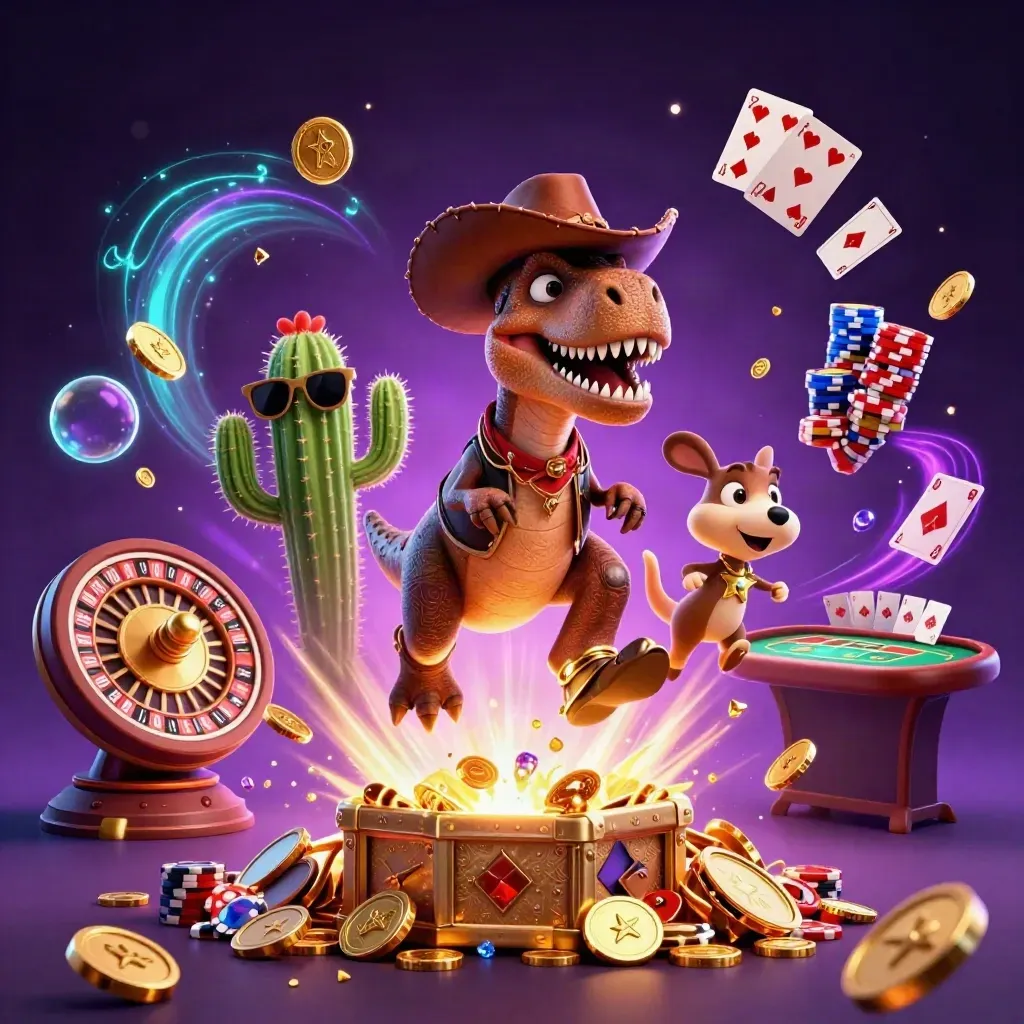 T-Rex cowboy, cacto e roadrunner cercados por moedas, roleta e brilho neon roxo-dourado.