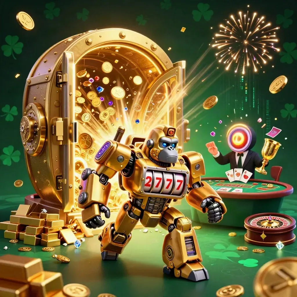 Gorila robô dourado com macaco piloto, cofre aberto, moedas, cartas e roleta em clima luxuoso.