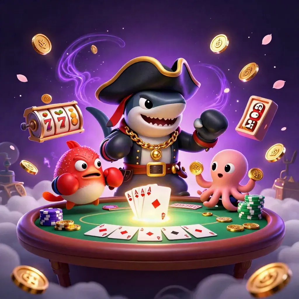 Tubarão pirata, baiacu boxeador e polvo bebê com moedas, em cassino neon roxo e dourado.