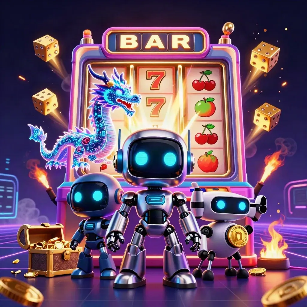 Robô cyberpunk, dragão holográfico e drone entre slots, dados e ouro brilhando.