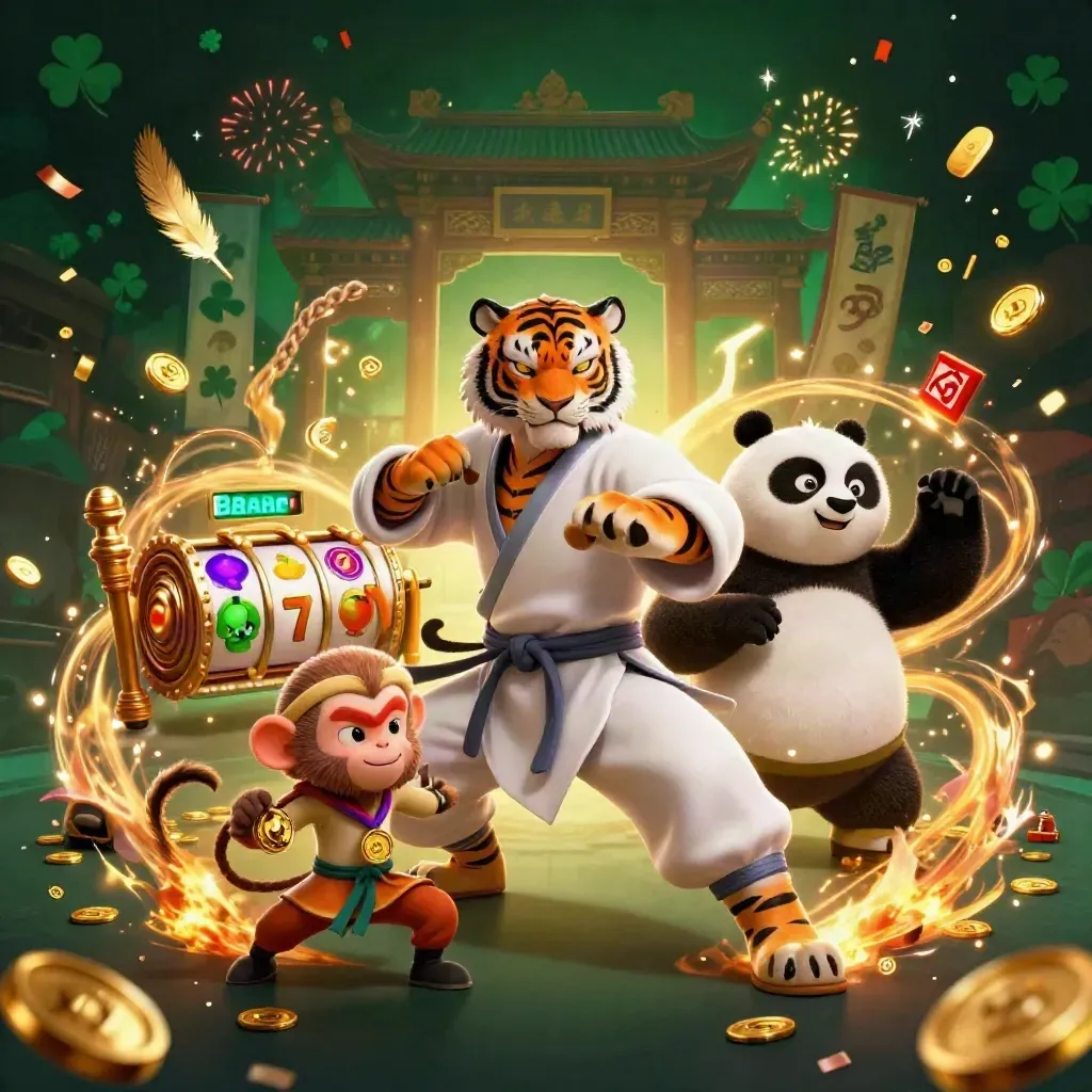 Tigre kung fu, panda e macaco em pose heroica com moedas, fogos e cassino ao fundo.